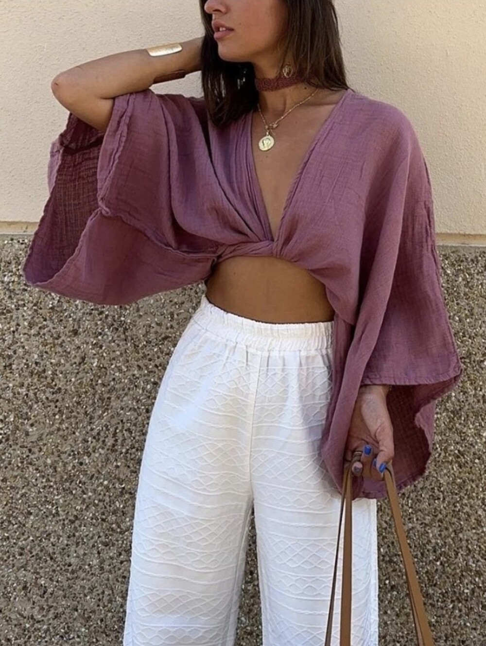 COMMENSE Mauve Cotton Gauze Twist Front Crop Blouse Size Large Boho Fairy Flowy